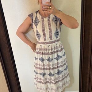 LOFT Cream Midi Dress with Blue and Red Geometric Print